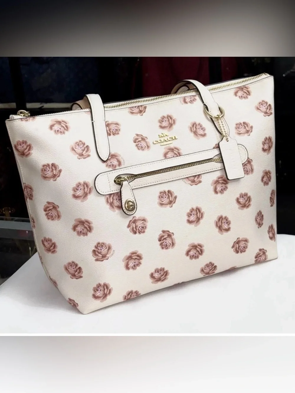 Coach Rose Strewn White Pebble Leather Tote.